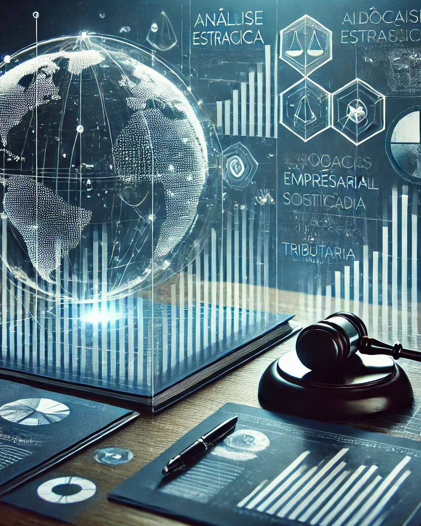DALL·E 2025-03-06 17.10.59 - Uma imagem conceitual representando análise estratégica em advocacia empresarial e tributária. O foco está em um gráfico financeiro digital sofisticad